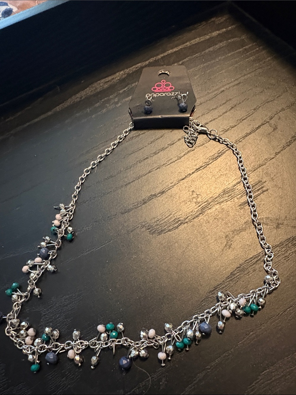 Paparazzi Silver Necklace with Teal, Lavender, Silver, and Navy Beads J6